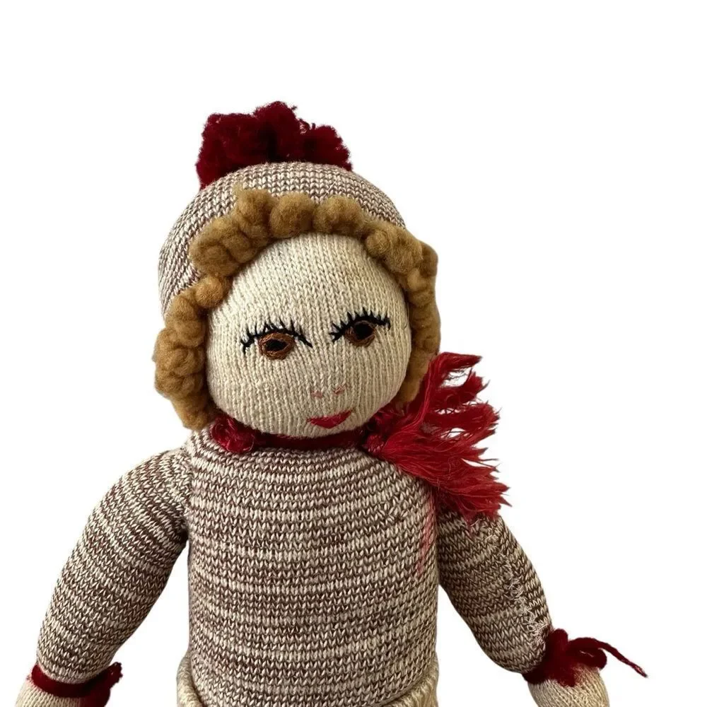 Vintage Handmade Knitted Cloth Doll Scandinavian Folk Art Winter Outfit